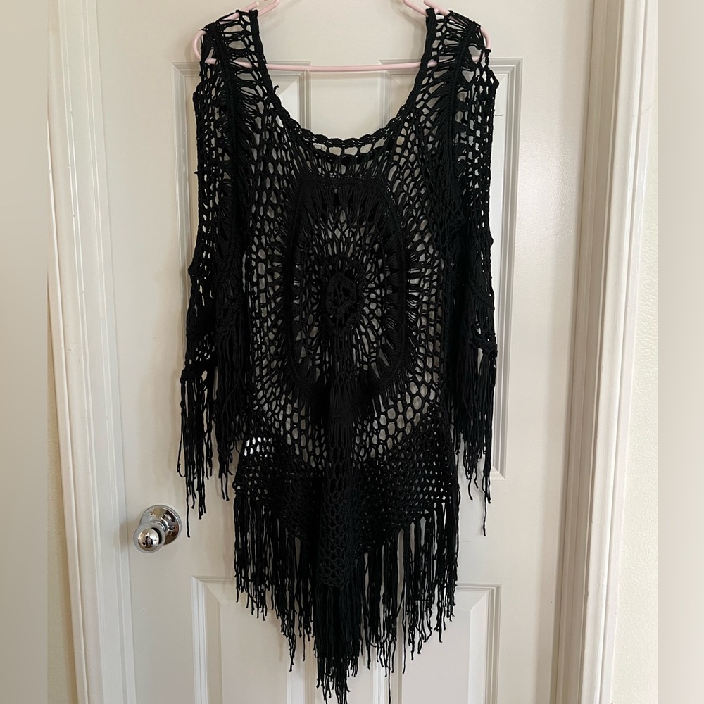 Black Crochet Swim Coverup with Fringe